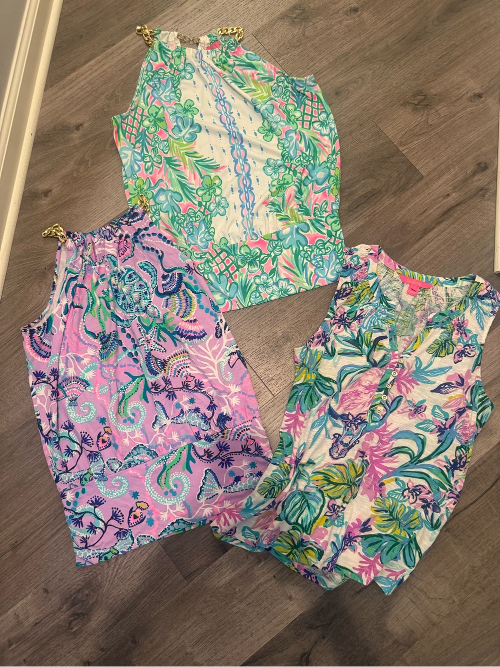 Set of 3  Lilly Pulitzer Tropical Print Sleeveless Tops - Pink, Aqua, Green